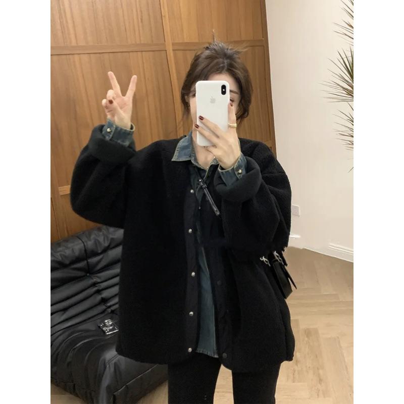 スタジャン レディース 秋冬 アウター 羊羔毛 ゆったり カジュアル 野球 厚手 ジャンパー ブルゾン 普段使い 部屋着 接触冷感 M L XL ブラック系 ブラウン系