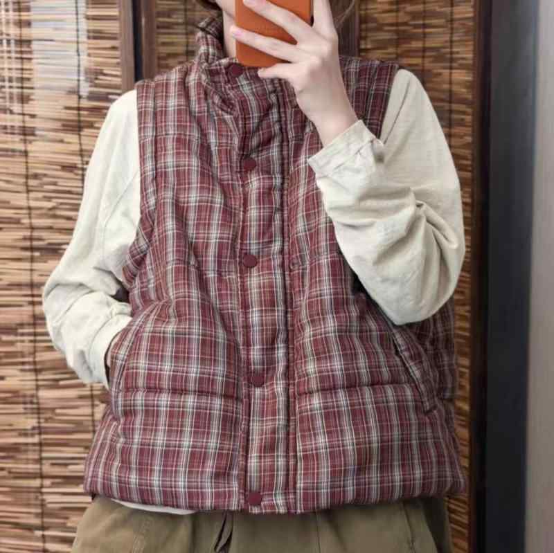 馬甲 レディース 秋冬 格子柄 中綿入り ベスト ゆったり カジュアル ノースリーブ トップス 立襟 婦人服 韓国ファッション 普段使い 部屋着|シャドーテール