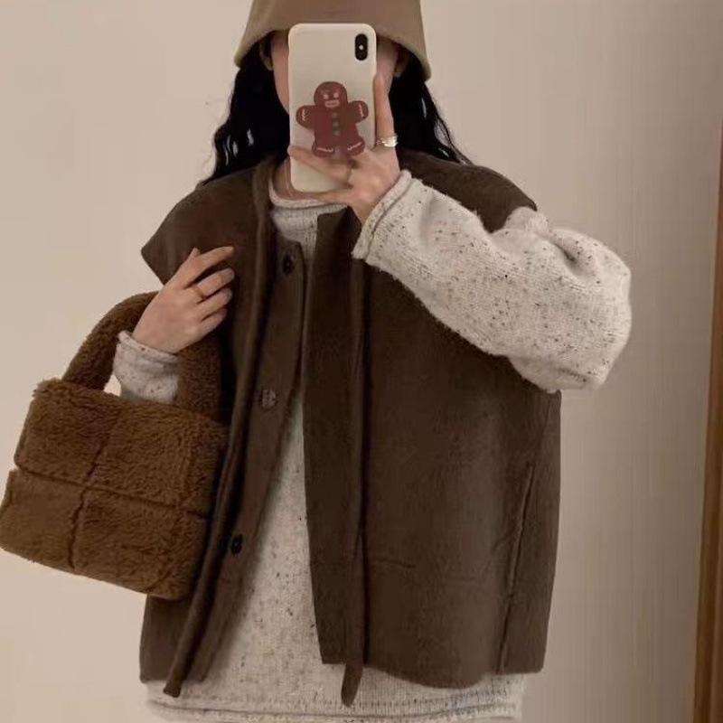 ベスト レディース 韓国風 ダブルフェイス ウールライク ジレ ノースリーブ アウター トップス 普段使い 通勤 あったか