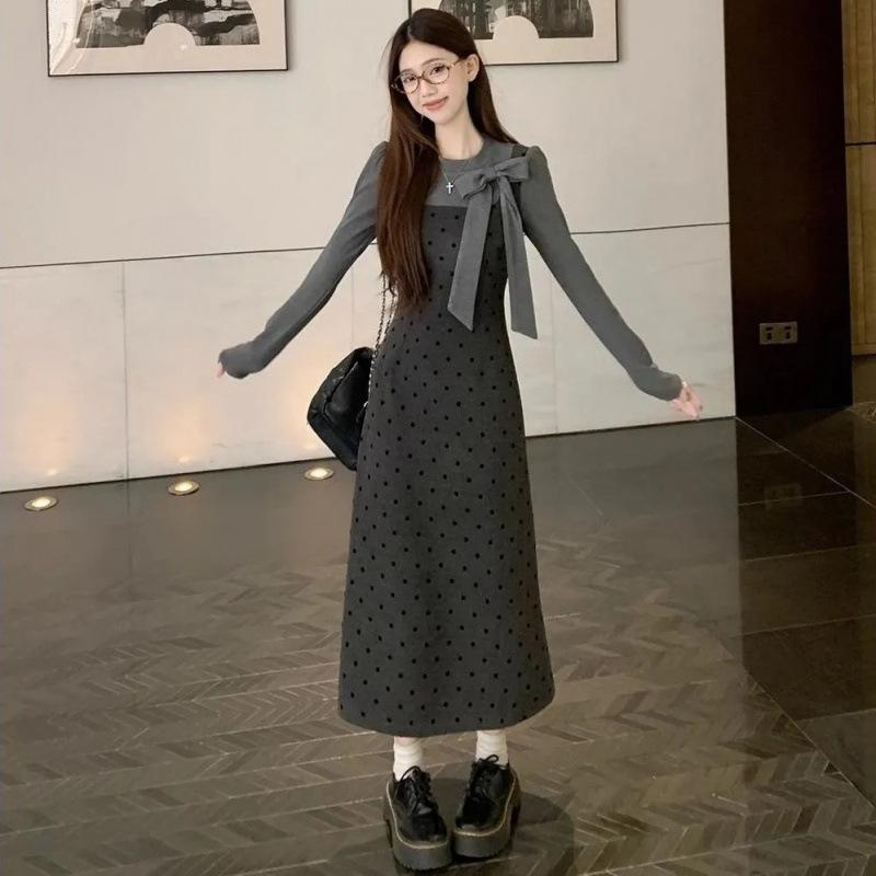 ワンピース レディース 春 Aライン ひざ丈 ドット柄 切り替え 長袖 ウエストシェイプ レトロ 韓国風 きれいめ グレー 上品 デート お出かけ