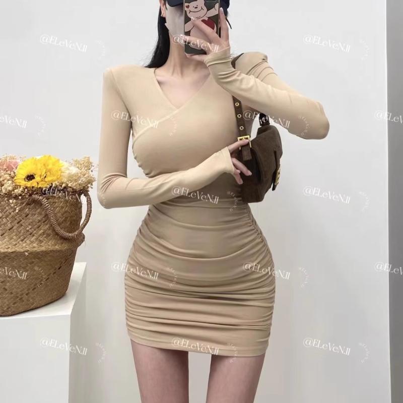 ワンピース レディース 秋冬 Vネック 包臀 タイトスカート ミニスカート 韓国風 長袖 高見え きれいめ レトロ エレガント かわいい 杏色 紫 灰色 青 ブラック ワインレッド ブラウン