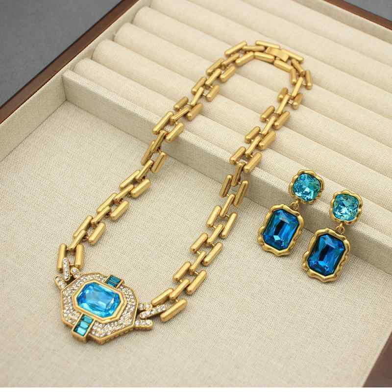 ネックレス レディース メンズ イヤリング セット 海色 ジルコニア レトロ アクセサリー ペンダント ピアス 合金 海ブルー
