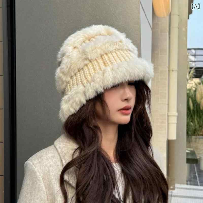 帽子 レディース 秋冬 漁夫帽 ウサギ毛皮 あったか ふわふわ ニット帽 小顔効果 ベージュ系 オフホワイト ブラウン ブラック 伸縮性 通気性 防風 日韓