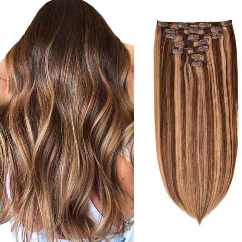 ウィッグ レディース 女性用 ストレート 7点セット 人毛 ヘアエクステンション P4/27 16inch 18inch 20inch