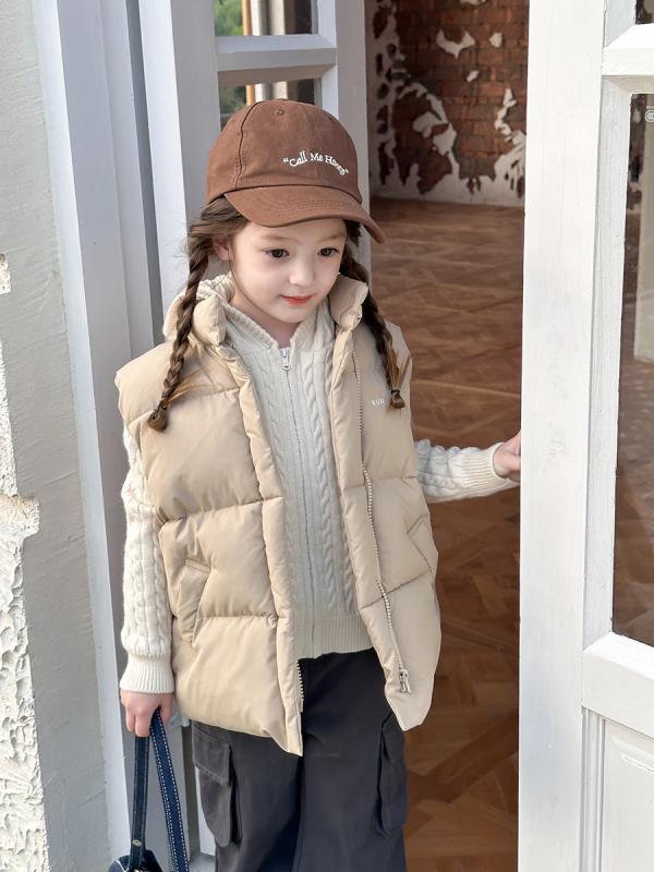 子供服 ベビー服 子供用 男女兼用 中綿入り あったか ベスト アウターウェア チョッキ 防寒着 ポリエステル ミディアム丈 シンプル かわいい ベージュ 紺 カーキ 90 100 110 120 130 140 150 160 170 秋冬