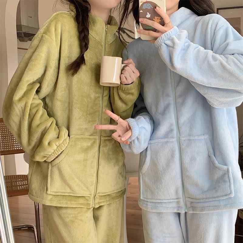 パジャマ レディース 冬用 上下セット フランネル あったか 厚手 寝巻き 部屋着 ルームウェア 婦人 衿付き 長袖 長ズボン 無地 シンプル かわいい ゆったり リラックス リラックスウェア 果グリーン ブラック系 杏色 ブルー系 パープル ピンク系