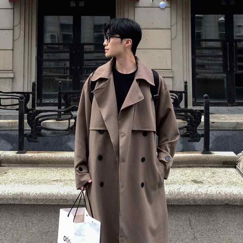 厚地の外套 メンズ 成人男性用 秋冬 韓国風 ロング 腰三尺帯付き添い人 大層らしい大きさ ダブル乳ぶさ トレンチコート 綿 ポリエステル 黒いこと 珈琲色