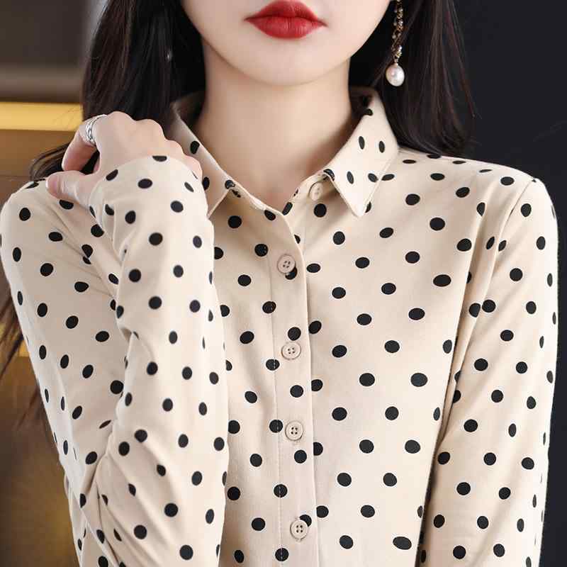 シャツ 女性用 ポロカラ コットン ポリウレタン 伸縮性 ポルカドット プリント ボタン 長袖 ゆったり トップス インナー かわいい 甘め プリンセス スタイル 快適 普段使い クリーム ブラウン ブルー ブラック ネイビー ミッドナイトブルー ライト
