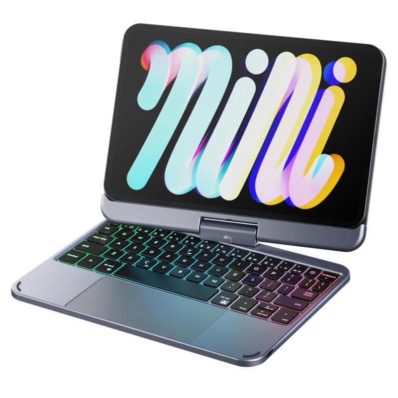 doqo iPad Mini 7 & Mini 6 ケース キーボード付き 第6世代 2021/第7世代2024 8.3インチ 、タッチパッド 7色ワイヤレスバックライトキーボード、360度回転可能な、スリム保護カバーフォリオ (グレー)