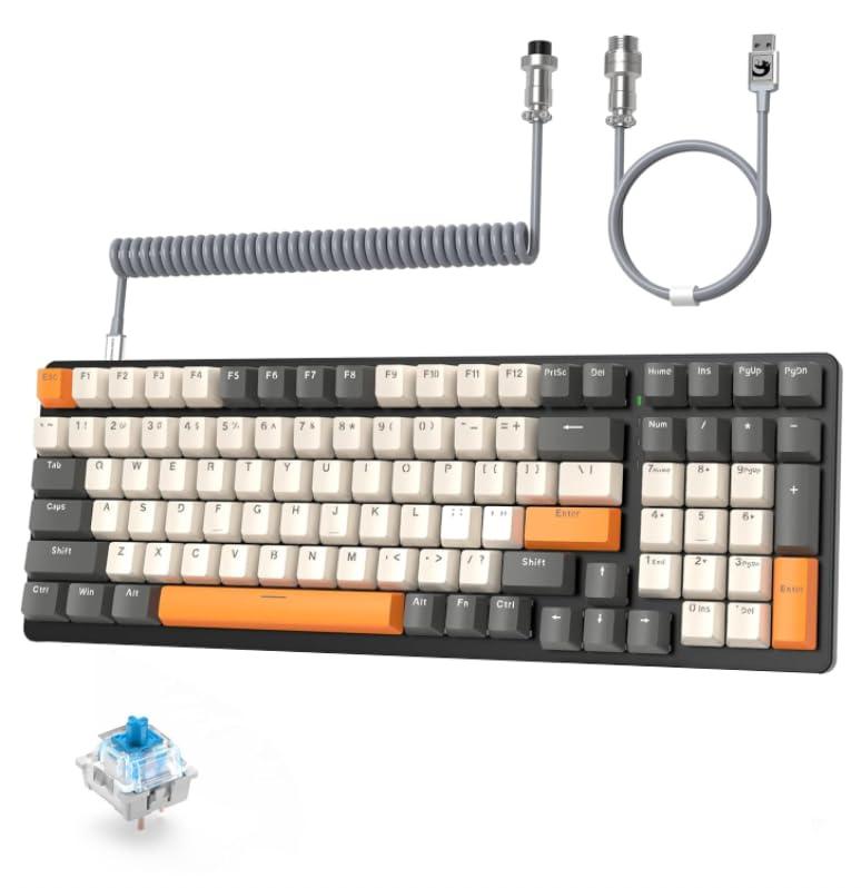 MAMBASNAKE K3 有線メカニカルキーボード ゲーミングキーボードコンパクト カスタムコイル状USB Cケーブル100キーアンチゴースト 10 レインボーLEDバックライト付き USB 有線キーボード テンキー