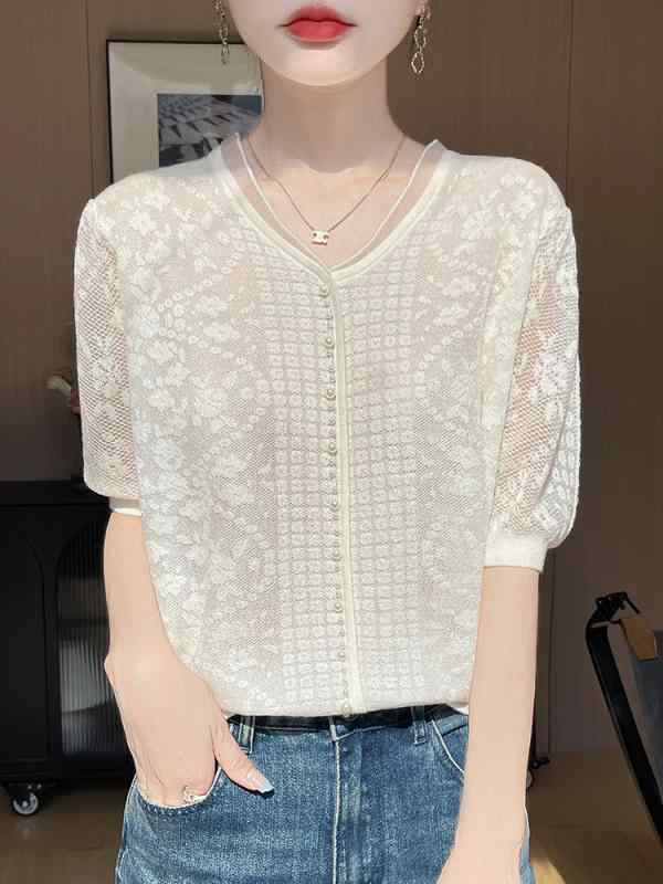 Tシャツ レディース 短袖 Vネック 接触冷感 再生繊維 ポリエステル 羊毛 ピンク ベージュ ブラック 泡泡袖 提花 レース 3D立体柄 ゆったりシルエット 気質通勤 夏 普段使い 吸湿速乾 軽量 伸縮性 切り替えデザイン エレガント トップス ブラウ