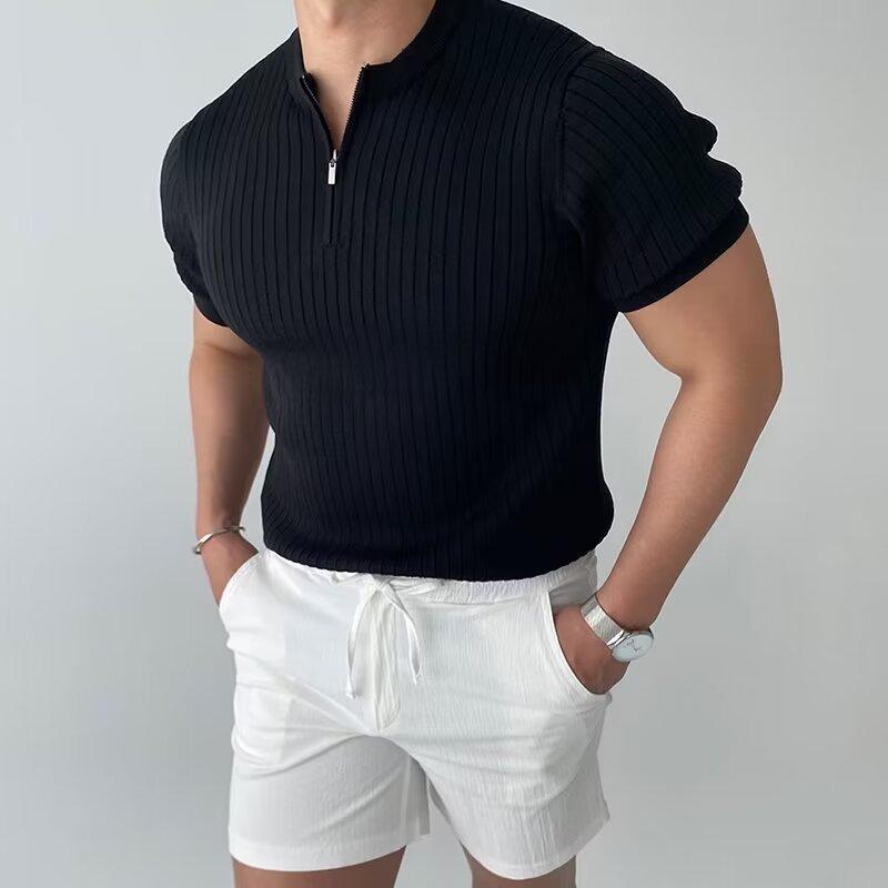 Tシャツ メンズ 半袖 ハーフジップ トップス スリム 無地 ポリエステル カットソー スキッパー カジュアル きれいめ モード系 韓国風 黒 白 春夏