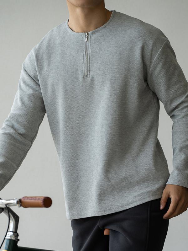メンズ ティーシャツ 長袖 半ジップ ワーヘル トップス 綿 ポリエステル 純色 ゆったり 薄っぺら 通い 普段使い走り 兄ちゃん 春 薄墨色 透人となり 色牢度 高 軽さ Tシャツ・カットソー-トップス