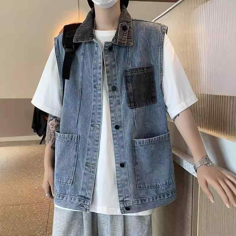 デニム メンズ ベスト 春物 韓国風 ゆったり ノースリーブ ジャケット アウター 切り替え ブルー