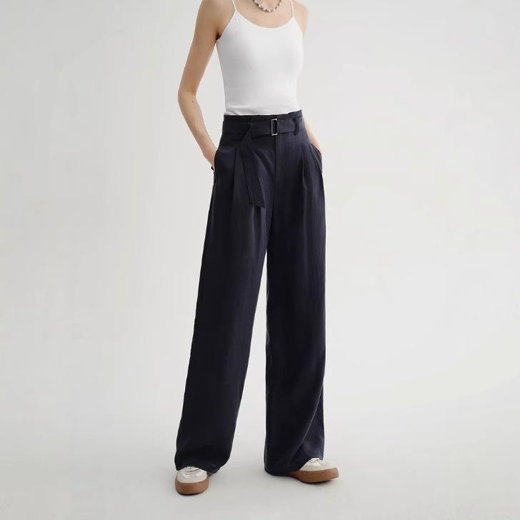 レディース ワイドパンツ ネイビー 夏 ライセルのレディースパンツ 直筒型 高腰 切り替え ライセル 麻 素材 軽量 ゆったり シルエット デイリー スタイル 韓国風 休日 コーデ 通勤 普段使い 涼しい 履き心地｜シャドーテール
