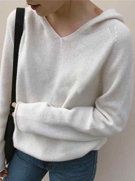ニット セーター 女性用 長袖 接触冷感 薄手 セットイン スウェット インナー トップス レイヤード ワイドシルエット ルーズフィット フード付き 帽子付き フーディ 春秋 秋冬 コットン混 再生繊維 ビスコース 純色 ブラック ホワイト グレー ブル
