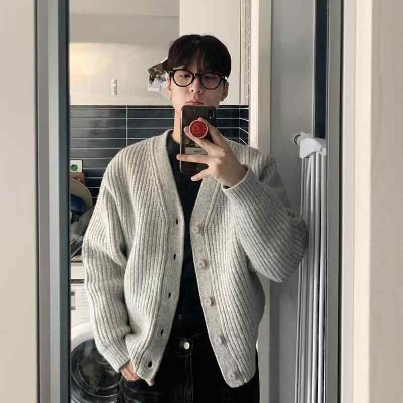 ニット カーディガン メンズ 春秋 Vネック グレー 韓国風 トップス 男性用 ゆったりサイズ 普段使い カジュアル 長袖 部屋着