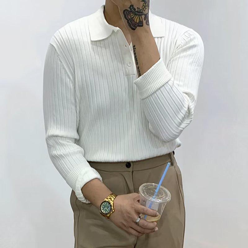 ポロシャツ 男性用 ニット トップス 韓国風 英国風 レトロ ビジネス ファッション 薄手 カットソー M L XL 2XL 3XL ホワイト ブラック ブラウン