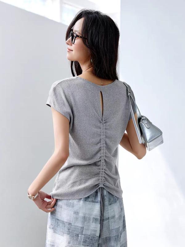 Tシャツ 女性用 抽弦 接触冷感 リネン フレアスリーブ プリーツ デザイン 修身 シルエット 丸首 無袖 短丈 上着 通勤 普段使い 知性 スタイル 純色 中花灰 牙白 ブラック 再生繊維 ナイロン 混紡 軽量 通気性 夏
