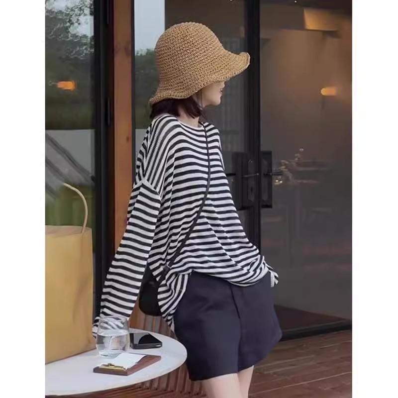 Tシャツ 女性用 長袖 黒白 条紋 接触冷感 ニット カーディガン 夏 春夏 ゆったり ルーズフィット 薄手 防晒 薄? レース 加工 空調 対応 トップス 外出着 海辺 ビーチ スタイル 日韓 カジュアル 快適 吸湿速乾 再生繊維 混紡 普通丈 丸首 4,895円