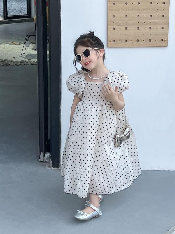 ワンピース 子供服 女の子 夏 リゾート風 木耳フリル ベルベット ドット柄 パフスリーブ プリンセスドレス