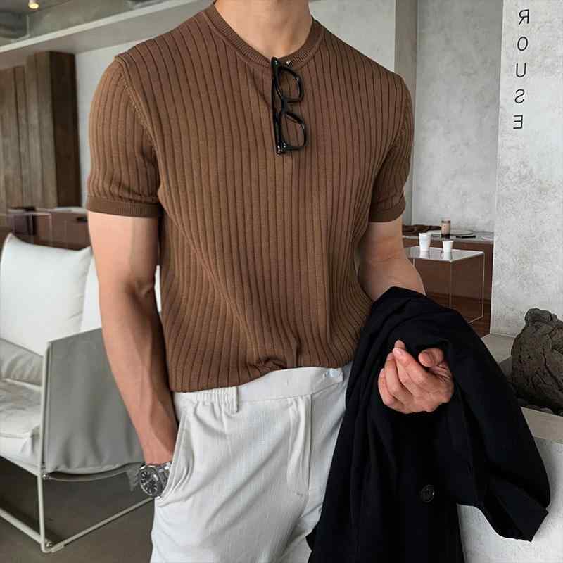 Tシャツ メンズ 半袖 接触冷感 ニット トップス 韓国風 スリム 薄手 無地 カットソー