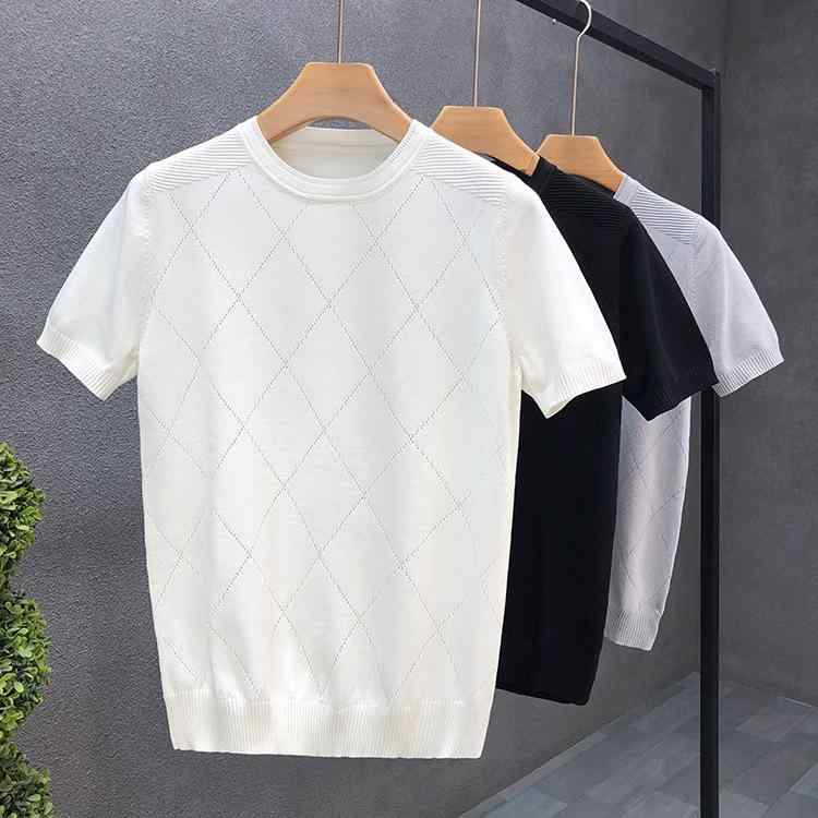 Tシャツ メンズ 半袖 ニット トップス 接触冷感 通気性 吸湿速乾 薄手 スリム ビジネス 韓国風 無地 ブラック系 グレー系 ホワイト系