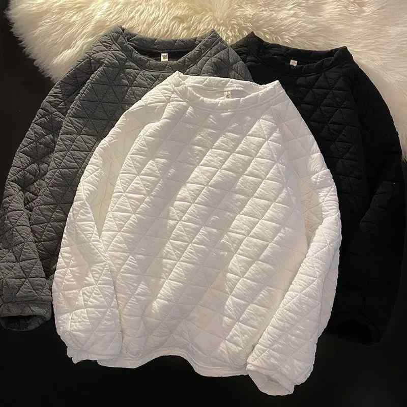 秋冬パーカー 女性用 無帽 丸首 長袖 ルーズフィット ダイヤモンド柄 立体プリント 厚手 暖か ポリエステル スパンデックス 混紡 吸湿速乾 伸縮性 快適 普段使い 街着 モノトーン ホワイト ブラック ダークグレー 韓国風 カジュアル トップス