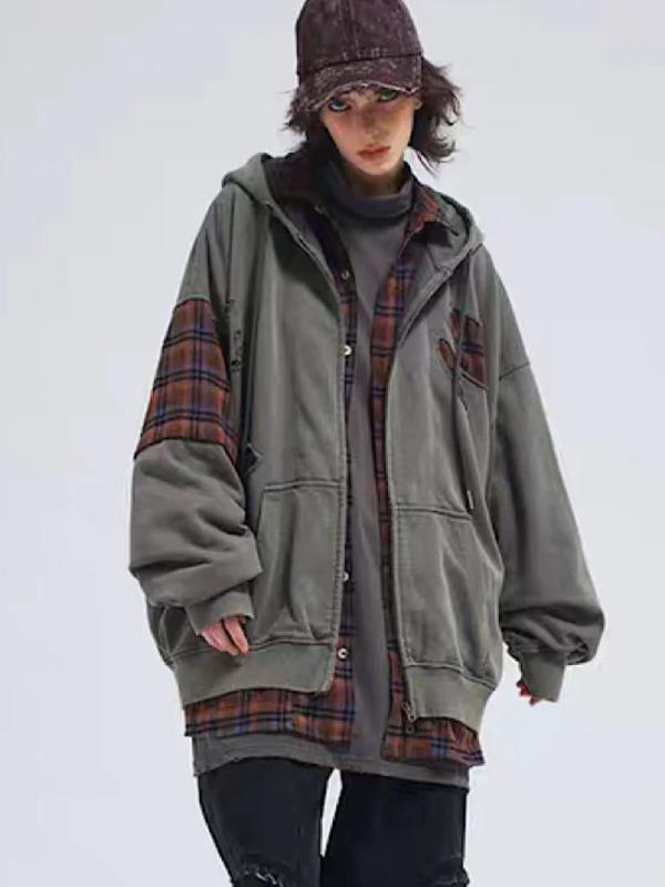 秋冬 スウェット トップス 女性用 ワイドシルエット フード付き カーディガン 開襟 長袖 ジッパー 切り替え デザイン 偽ツーピース チェック柄 ストリートスタイル 黒 グレー 中厚手 綿混 素材 ゆったりフィット 日常使い レイヤード コーディネート