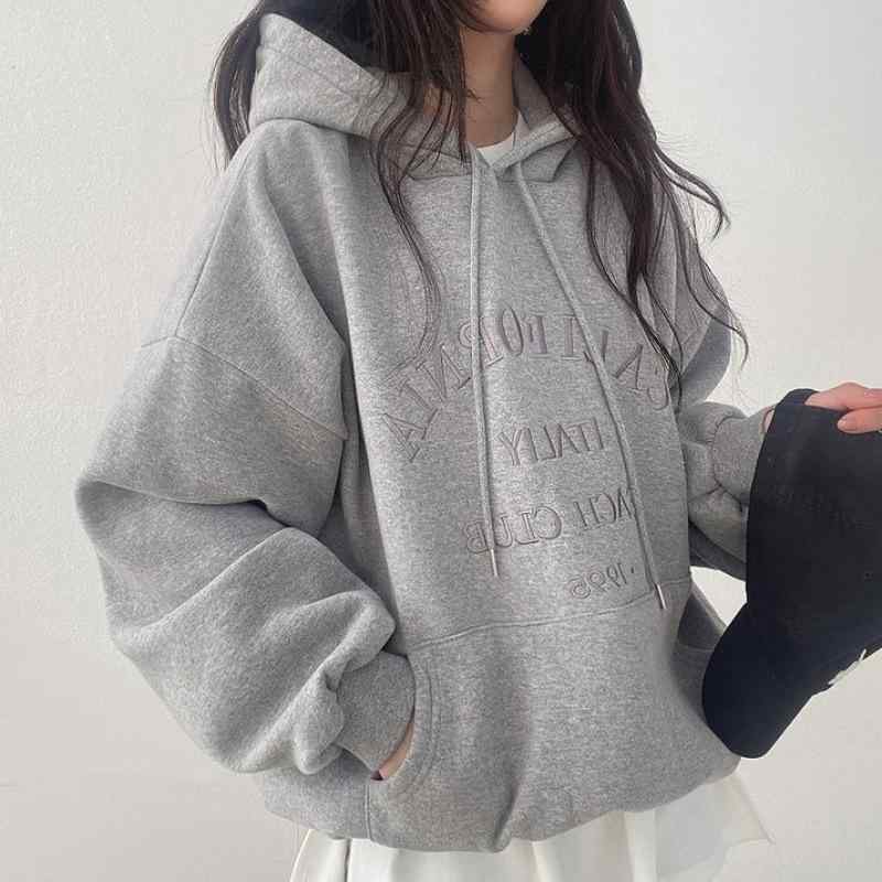 レディース フーディ トップス コットン 長袖 ルーズフィット 刺繍 デザイン 薄手 タイプ グレー グリーン ブルー 杏色 カラーバリエーション 秋冬 シーズン 気質 通勤 スタイル 都市風 セットアップ 可能 接触冷感 素材 軽量 快適 着用 吸湿速