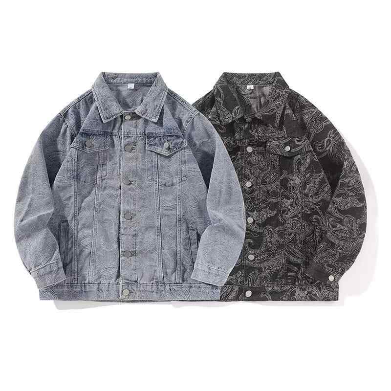 デニムジャケット 男性用 春秋 韓国風 腰果花柄 プリント Gジャン レトロ ストリート ヒップホップ ゆったり ブラック ブルー M L XL XXL XXXL