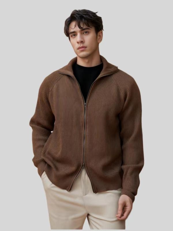 ニット カーディガン メンズ 男性用 ウール混紡 厚手 リブ編み ジップアップ 伸縮性 高弾性 秋冬 暖かい 防寒 カジュアル 普段使い 黒 ブラック系 6,182円
