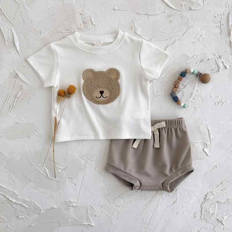 キッズ ベビー服 Tシャツ 短パン 上下セット 薄手 夏服 半袖 丸首 アニマル柄 クマ 刺繍 かわいい おしゃれ 普段着 部屋着