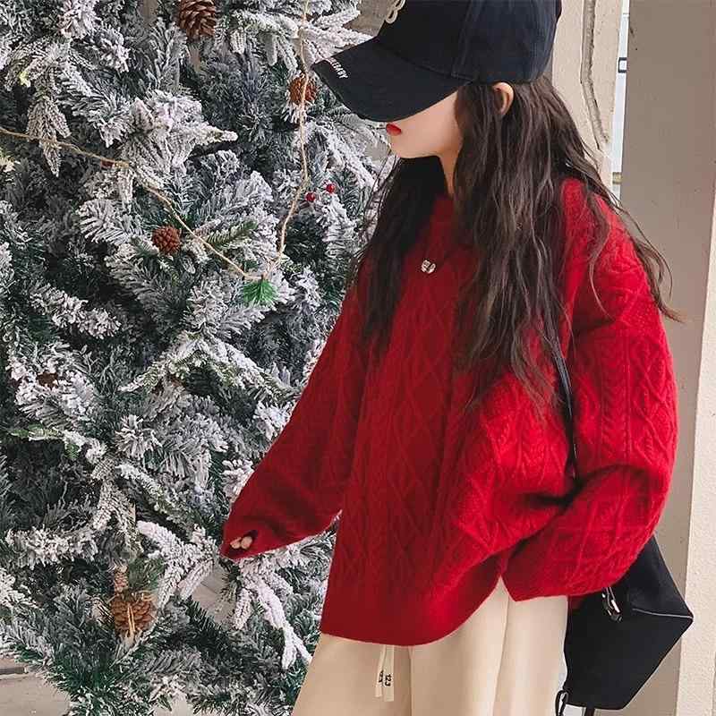ニット セーター キッズ 女の子 大童 子供 秋冬 ニット トップス 長袖 厚手 暖か 無地 丸首 普段着 通学着 レッド系