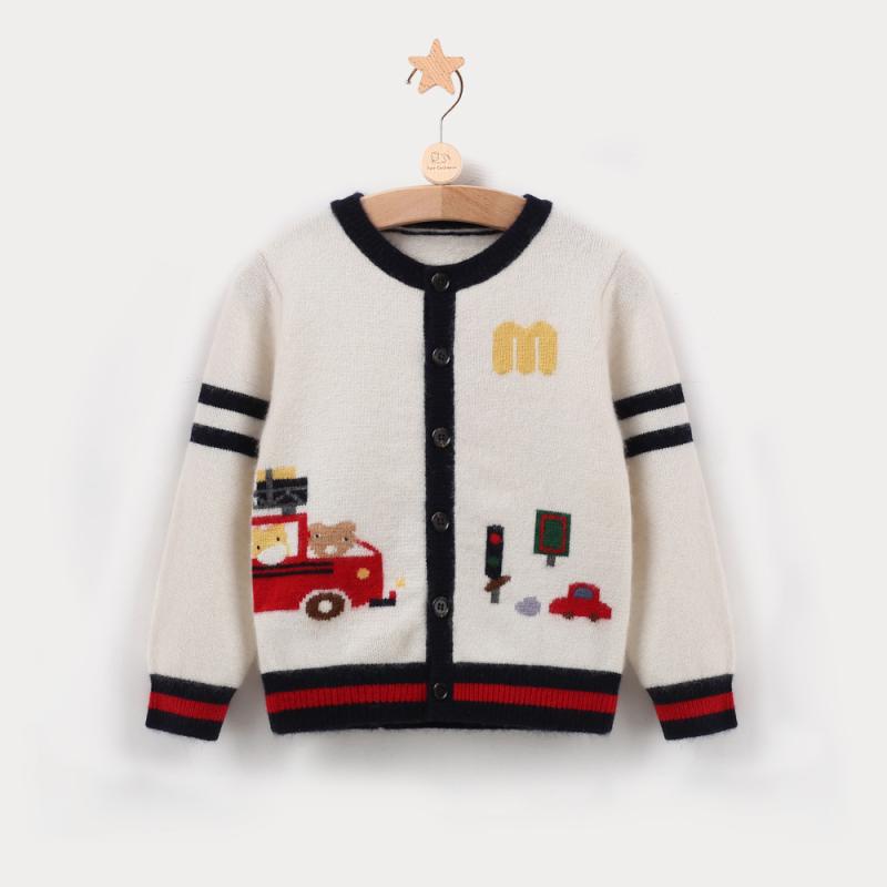 小わっぱ服 編み物ジレー お坊っちゃん もの言う花 カシミール100% 長袖 朦朦たる アウター 車柄 日月冬 白いこと