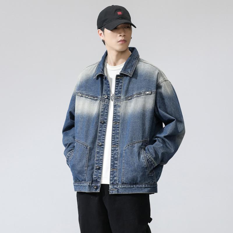 上衣 成人男性用 ジーンズ Gジャン ヴィンテージ ウォッシュ産業 ゆったり大きさ ラグラン袖 ジップアップ 上衣 アウター