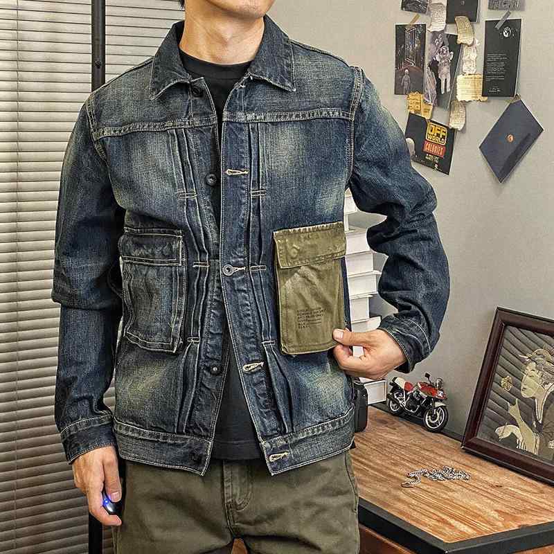 ジャケット 男性用 長袖 デニム ウォッシュ加工 切り替え ワーク カジュアル ブルゾン