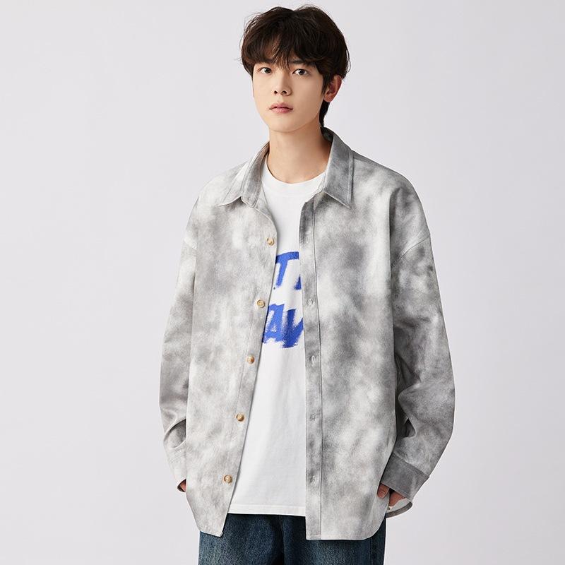 シャツ メンズ デニム 長袖 切り替え ストライプ 普段使い 韓国版 灰色 ブルー 綿