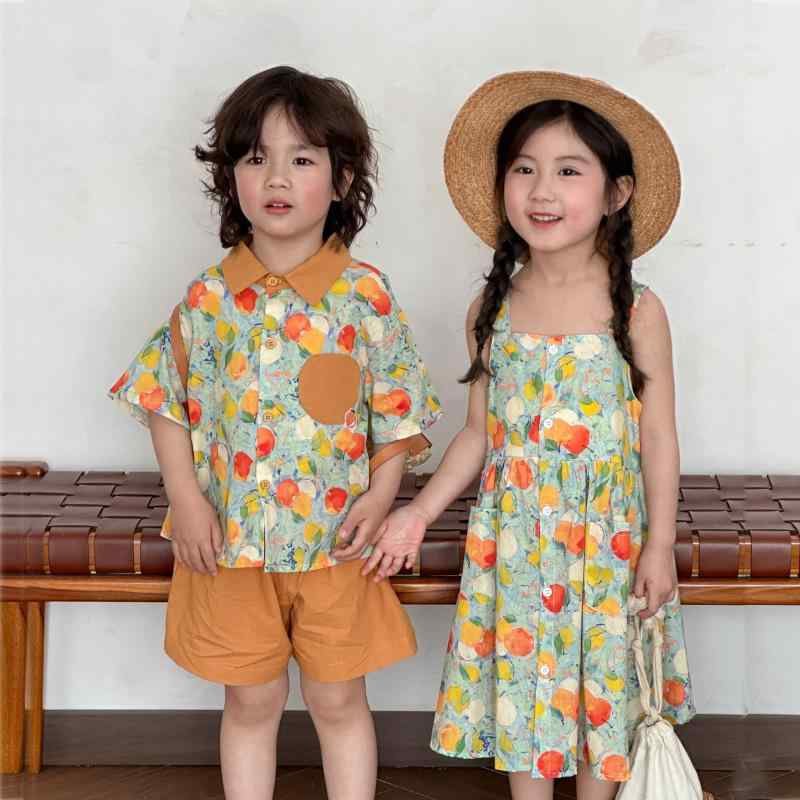 シャツ 子供 半袖シャツ ショートパンツ セットアップ リゾート風 ベビー サマースーツ 女の子 キャミワンピース 兄弟 姉妹 ペアルック 薄手