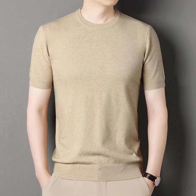ニット メンズ 半袖 Tシャツ 男性用 サマーニット トップス カットソー 丸首 薄手 ポリエステル 春夏 黒 ブラック 赤 レッド グレー カーキ