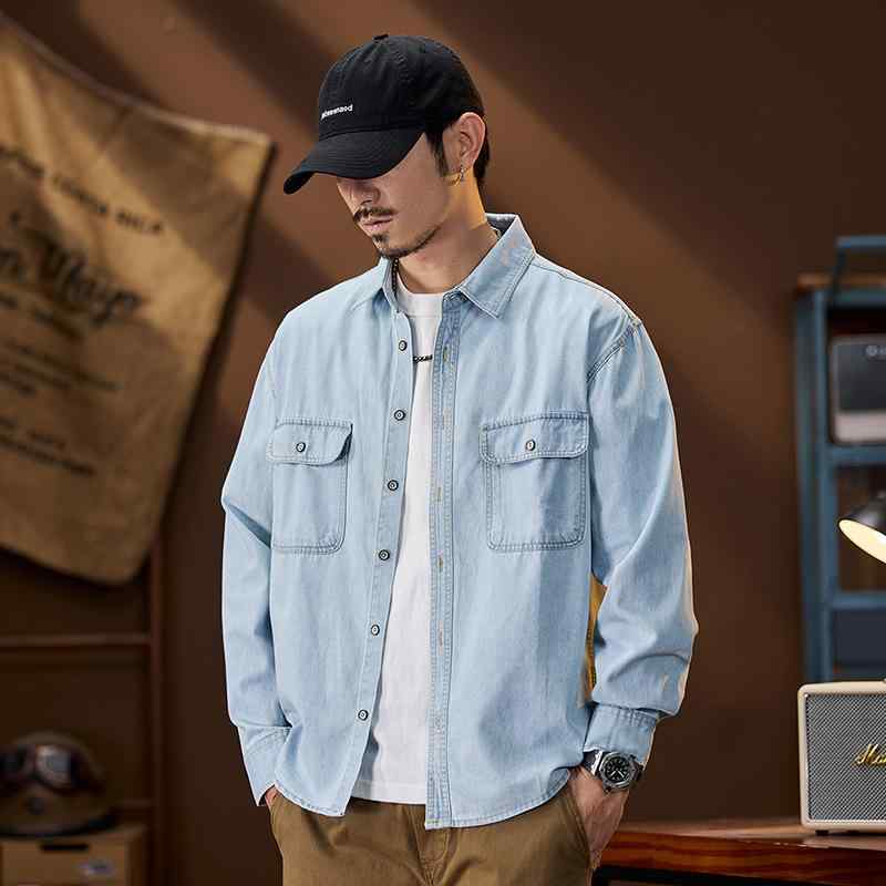 シャツ 男性用 デニム コットン ワーク 長袖 春夏 薄手 多ポケット アウター トップス 普段使い カジュアル 深青色