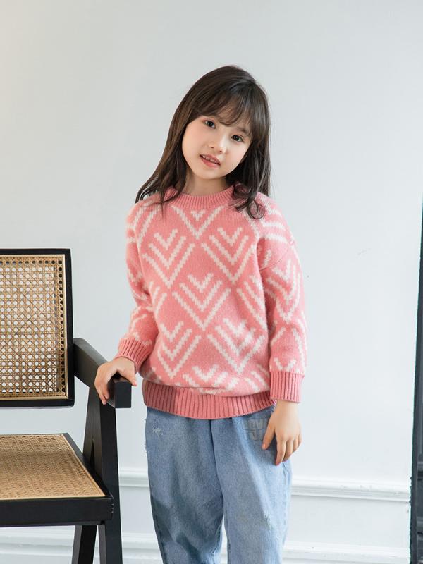 ニット ウール セーター 子供 キッズ 男の子 女の子 厚手 防寒 あったか インナー トップス クルーネック ジャガード 金 ?色 ピンク系