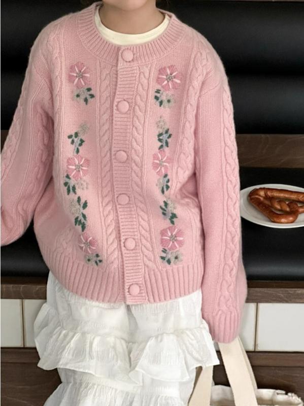 編み物ジレー ガールズ 小わっぱ服 日月 ラウンドのど首 長袖 無地 花柄 愛くるしげ 今めかしい 通園 通学 サクラ色系