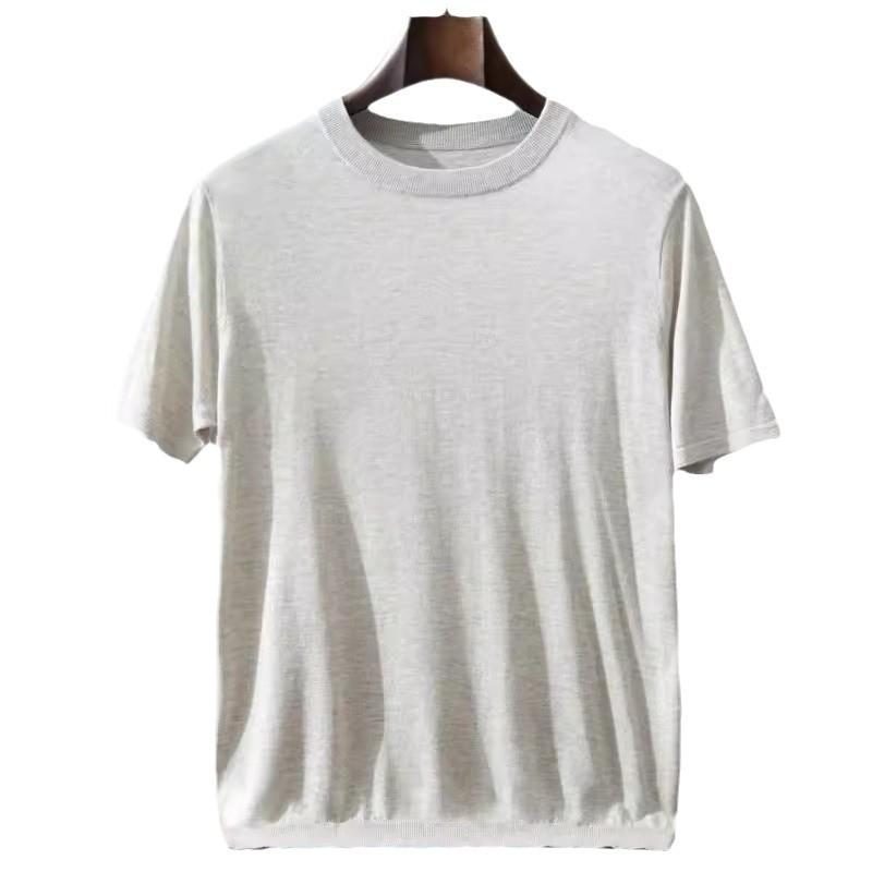 Tシャツ 男性用 シルク カシミヤ ニット 半袖 ゆったり 大きめサイズ 韓国風 ビジネス カジュアル 薄手 クルーネック トップス 浅米色 浅灰色 深灰色