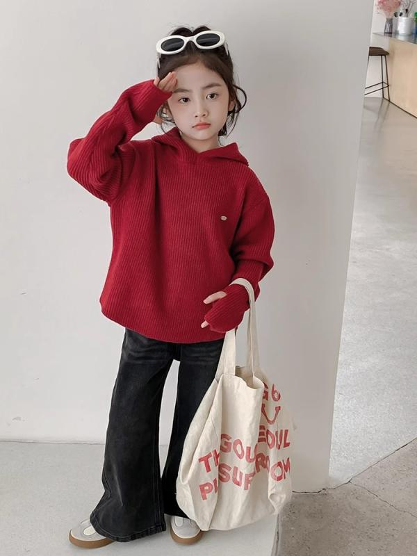 ニット・セーター ガールズ 子供 冬物 長袖 トップス プルオーバー フード付き 無地 かわいい 普段着 通学着 100cm 110cm 120cm 130cm 140cm 150cm