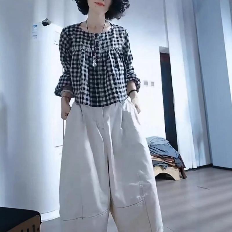 Tシャツ レディース 格子柄 トップス ラウンドネック 長袖 ゆったり かわいい 体系カバー 清新 甘め 普段使い