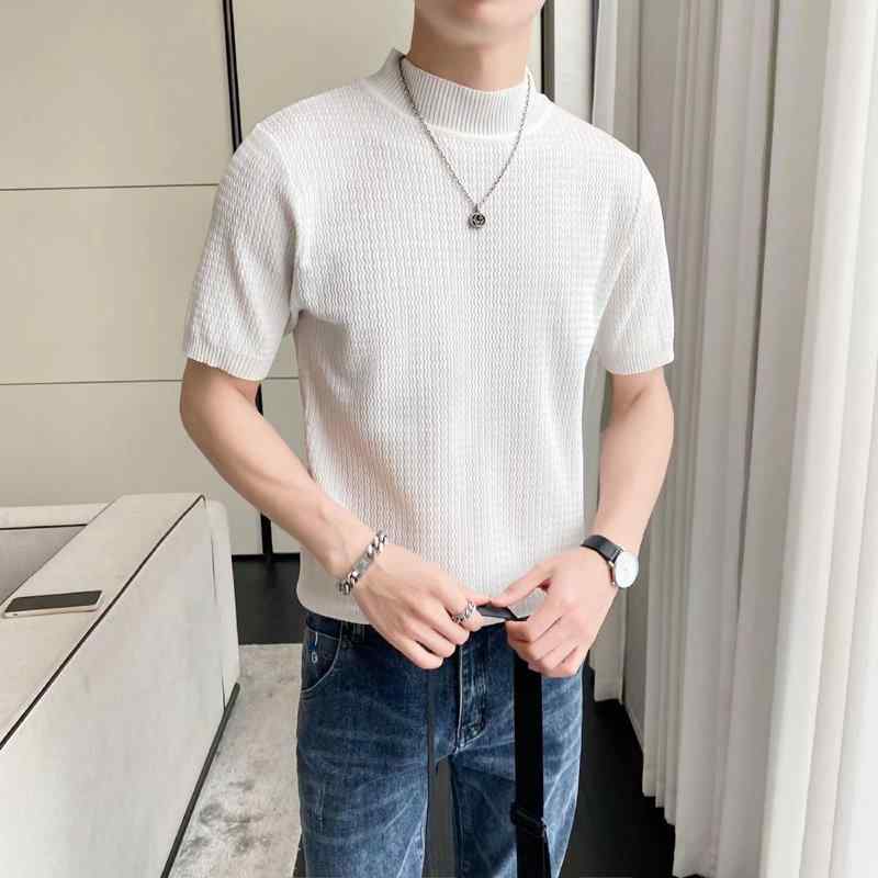 Tシャツ 男性用 ニット 薄手 半袖 カットソー ハーフハイネック 無地 スリム スタイリッシュ トップス ポリエステル ホワイト ブラック ブルー
