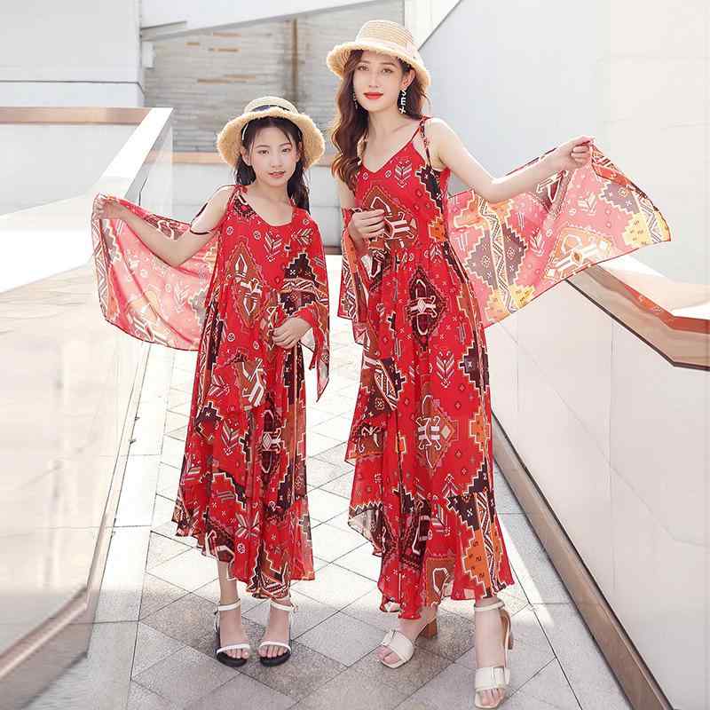 衣裳 親子 レディース 溜まり場衣裳 砂浜衣裳 母娘 ポリエステル 透け透け 赤いこと エスニック柄 海岸地帯 人付き合い冷感 伸縮性 愛くるしい