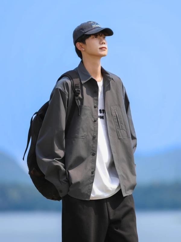 シャツ メンズ 長袖 日系 ストライプ ワークシャツ ゆったり 羽織り 春秋 ポリエステル カーキ 深グレー 軍緑 ブラック