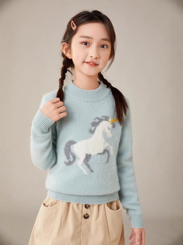 赤ちゃん服 編み物 スウェーター 可愛らしい 色彩設計 ポンチ絵 子馬 柄 ラウンド素っ首 ティーシャツ 長袖 生あたたかい 野羊 衣料繊維 秋冬